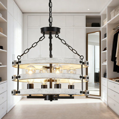 Rustic Farmhouse Chandelier, 18.89 Inch White Drum Pendant Light Fixture With 4 Lights For Dining Room Entryway Foyer Kitchen Island, Adjustable Chain