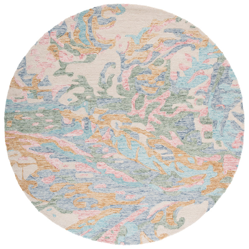 Tapis en laine / coton touffeté à la main Louraine en ivoire / rose, Rond 6 po
