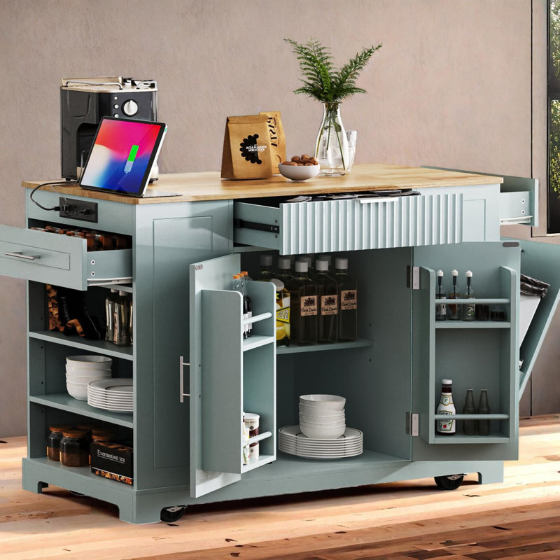 Fluted Kitchen Island With Pull-Out Trash Bin, Power Outlet, Adjustable Shelves, and Hidden Wheels, Gray Blue