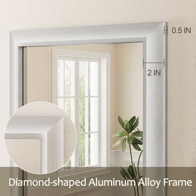 Amara Tempered Glass and Aluminum Alloy Framed French Cleat Mounted Wall Mirror, 72" x 36", Brushed Silver