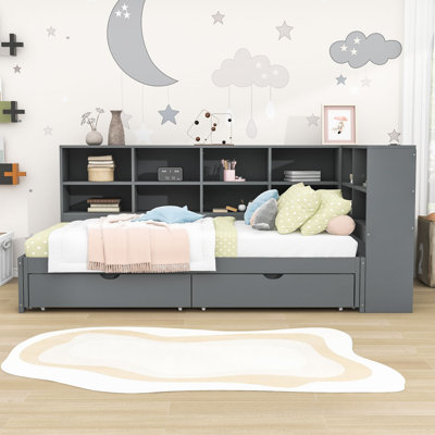 Lit de jour simple en bois à deux tiroirs avec lumières DEL, tablettes et ports USB