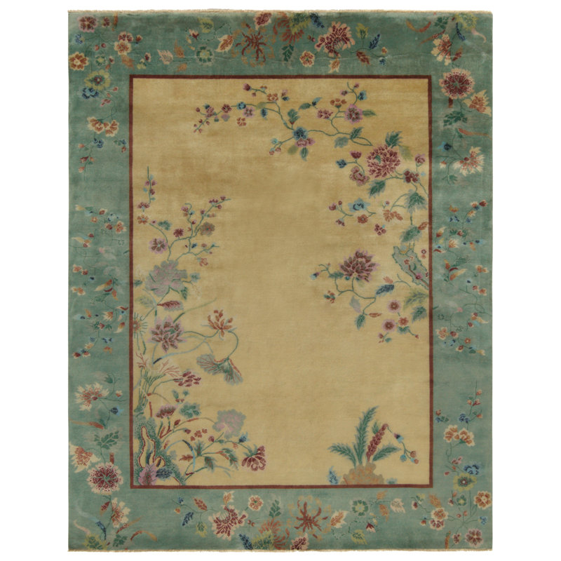 Rug & Kilim’S Chinese Style Art Deco Rug In Gold & Green With Multicolor Florals, Rectangle 10' x 14'