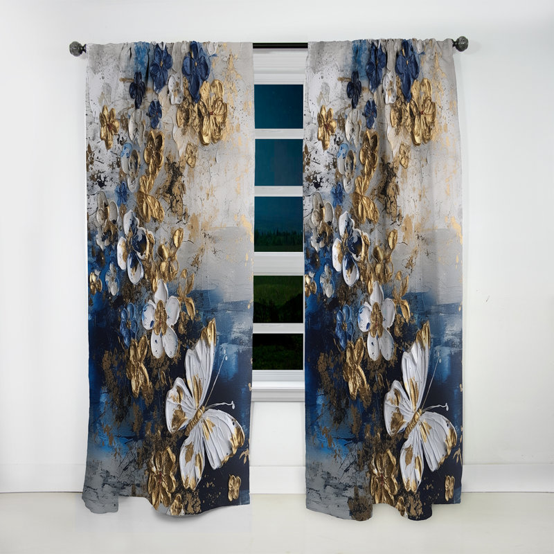 Ailes de papillon doré bleu et fleurs I - Rideau traditionnel - Velours obscurcissant - 1 panneau, L 52 po x L 95 po
