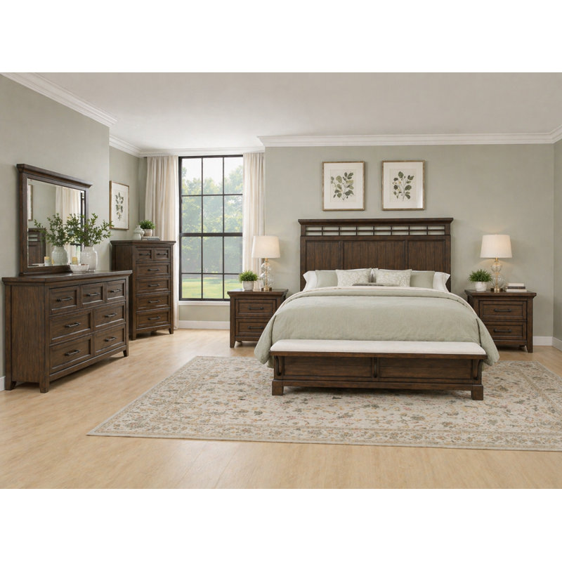 Ensemble de chambre à coucher à panneau classique avec finition brune, Grand lit, 6 pièces