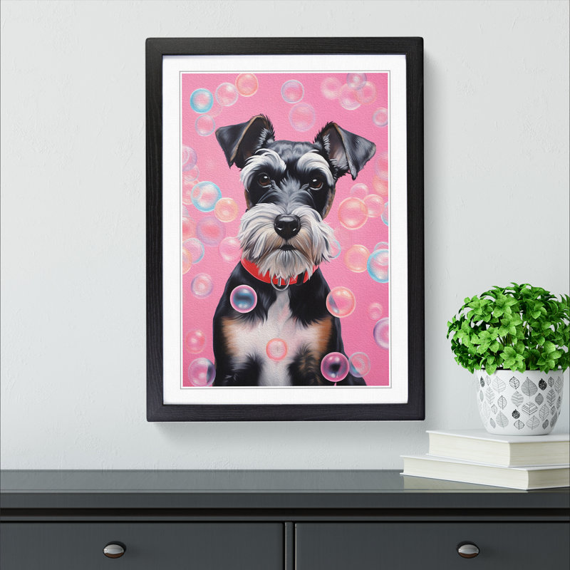 Schnauzer Bubble Gum Painting - Single Picture Frame Print on Wood, 46cm H x 34cm W x 2cm D, Black