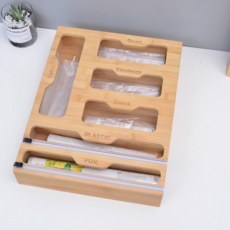 Bamboo Ziplock Bag Organizer with Wrap Dispenser - Fits Gallon, Quart, Sandwich & Snack Bags