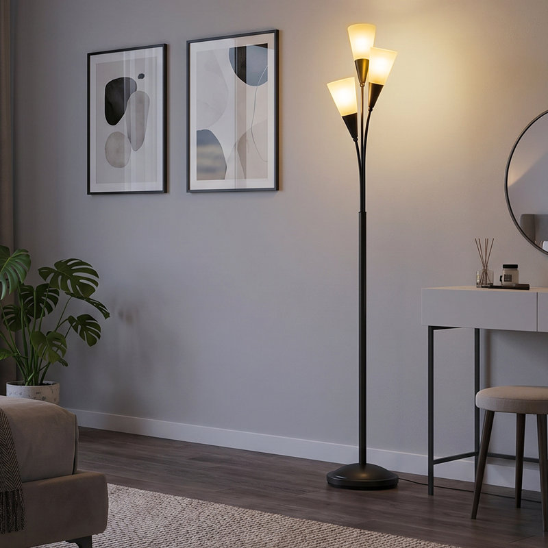 HOMCOM Modern Upright Floor Lamp with 3 Light, Steel Base for Living Room