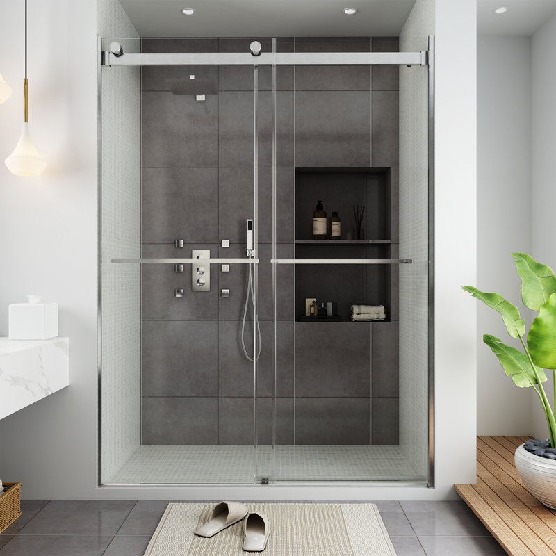 Porte de douche coulissante double sans cadre l 60 po x H 76 po, Nickel brossé