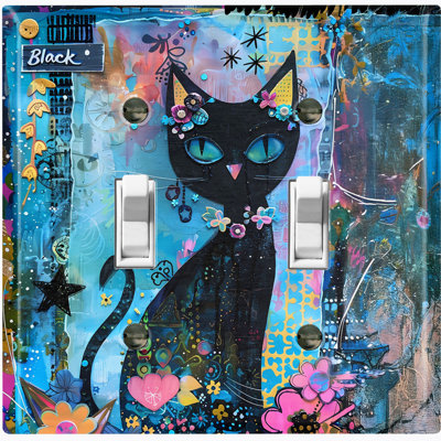 Couvercle de plaque d'interrupteur en métal; Bascule à 2 bandes US standard - chat noir abstrait