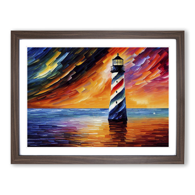 Colourful Lighthouse Vol.1 - Single Picture Frame Painting, Walnut Framed, 46cm H x 64cm W x 2cm D