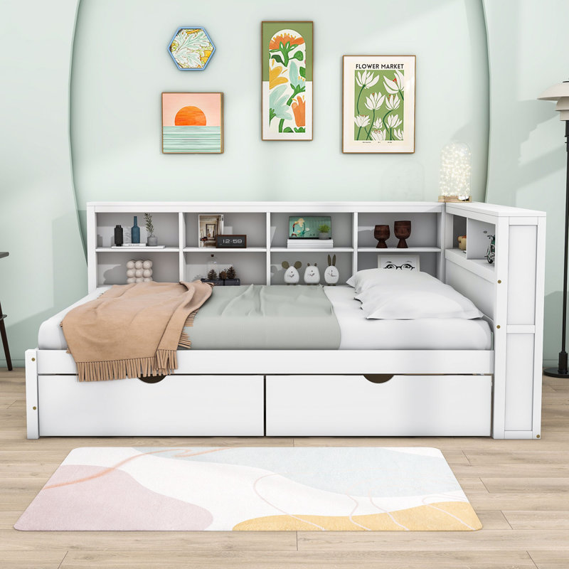 Sydia 2 Drawers Wood DayBed with and Shelves and USB Charging Ports, White, Full