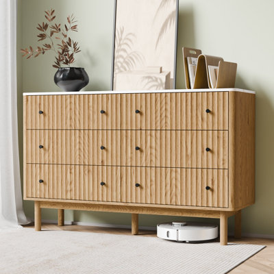 Fluted 6 Drawers Dresser For Bedroom, 54" Wide Wood Dresser, Solid Wood Legs, Chest Of Drawers, Tv Stand, Wood Storage Dressers Organizer For Bedroom, Living Room, Natural Oak