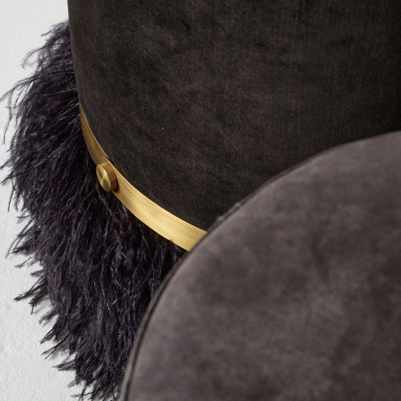 Leather Ostrich Fluff Pouf, Charcoal/Black