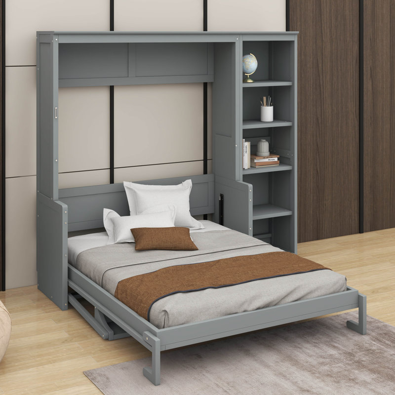Lit escamotable double avec bureau et bibliothèque, Gris, Double