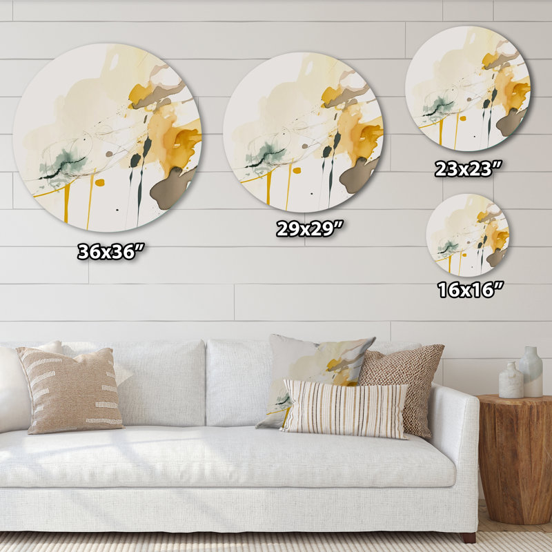 «Touched By Mustard» jaune et ultime gris II - Art abstrait rond en métal, H 16 po x l 16 po