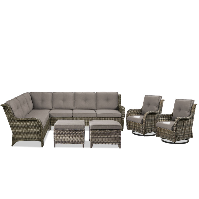 Ensemble de conversation modulaire en rotin 6 pièces avec coussins 6 pièces, Gris, Gris