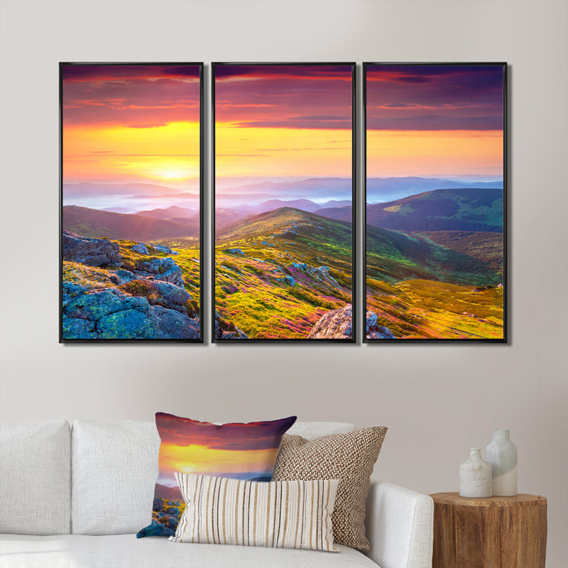 Fleurs de rhododendron dans des collines colorées - ensemble d'art mural sur toile encadré paysage, Cadre noir