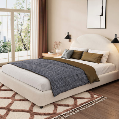 Queen Size Bed With White Round Curved Boucle Upholstered Headboard, Soft Pack Stylish Half - Arch, 3.8 Inch Headboard For Reading, No Box Spring, 40 Minute Assembly Frame Arch Design, Thick