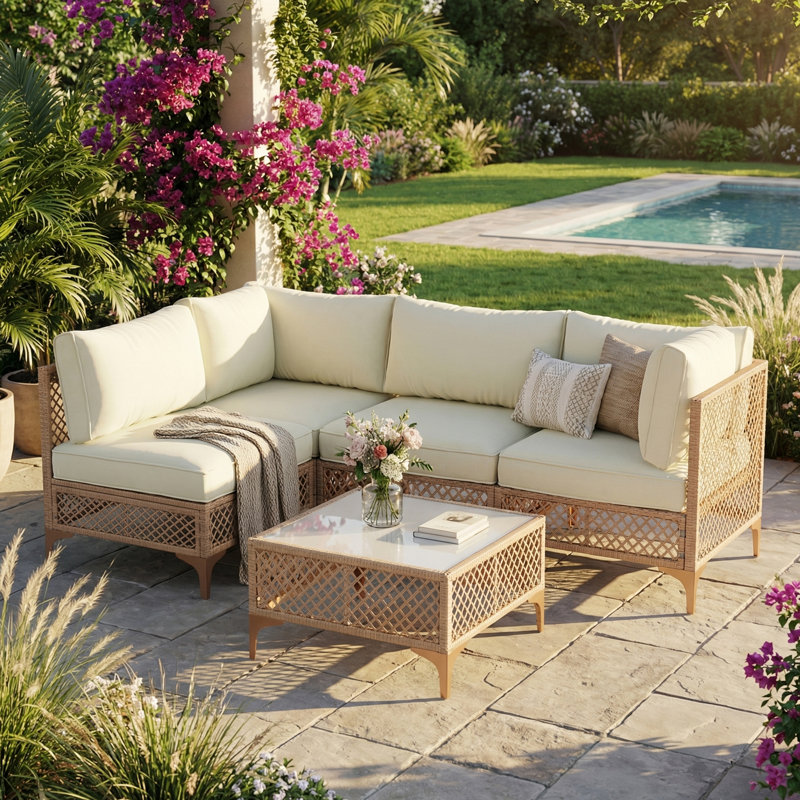 4 - Person Premium Patio Wicker Sectional Seating Group With Cushions, Beige, Brown