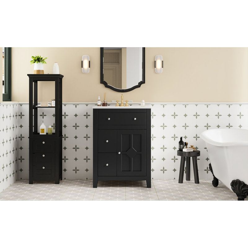 Meuble-lavabo de 24 po avec lavabo en céramique, esthétique campagnarde française, charnières, tiroirs profonds pour rangement de vernis à ongles