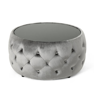 Elegant Smoke Velvet With Button- Design And Glass Top, 30" X 14.5 Gorgeous Glass, W D 14.78" H, Tone