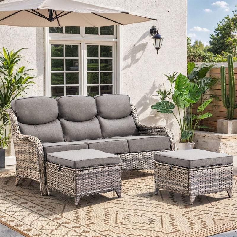 3 Pieces Patio Furniture Set, Outdoor PE Wicker High Back 73“ Couch & 2 Rattan Ottomans, All Weather Patio Set With Waterproof Cushion For Porch, Backyard And Deck