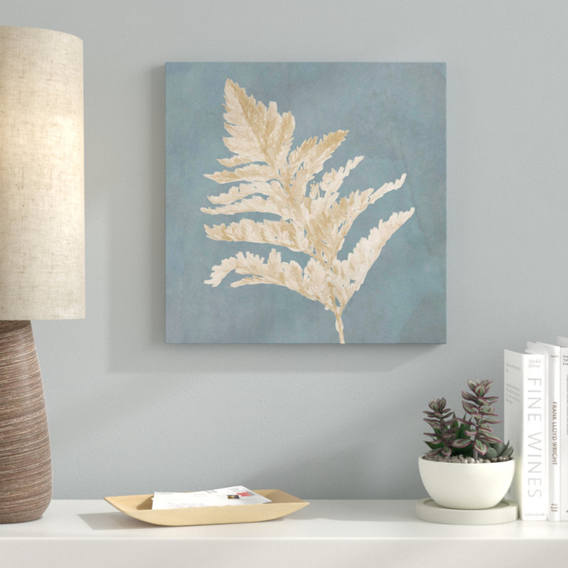 " Tan Leaf On Blue Square II " by Lanie Loreth, 18" H x 18" W x 1" D, Wrapped Canvas