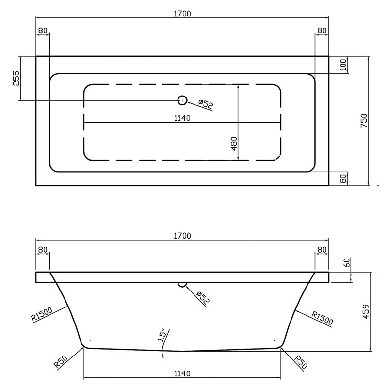 Asselby Square 1700mm Standard Acrylic Bathtub, 170 x 75cm