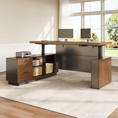L-Shaped Executive Standing Desk with File Cabinet, Electric Height Adjustable Sit-Stand Desk with Power Outlets, USB Ports, Storage Shelves, Lockable