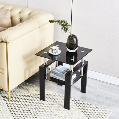 Tempered Black Glass Table, 2 Storage For Multiple Areas, Simple Assembly Work Ahead Side Table Bedroom Spaces, Geometric Design, Long - Lasting Performance