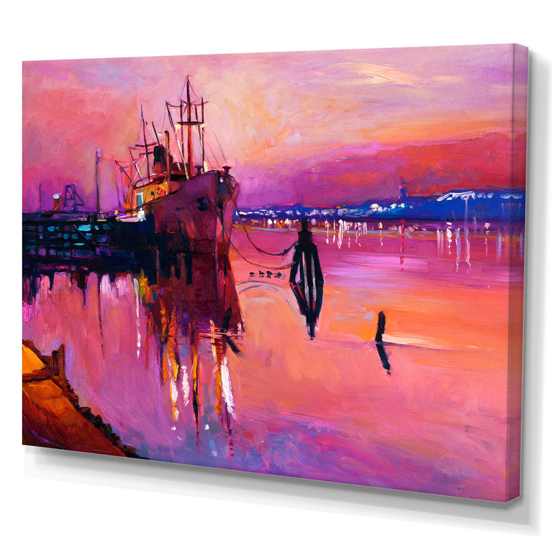 Bateau de pêche sur un coucher de soleil rose - décoration murale nautique et côtière en bois, H 12 po x l 20 po x P 1 po