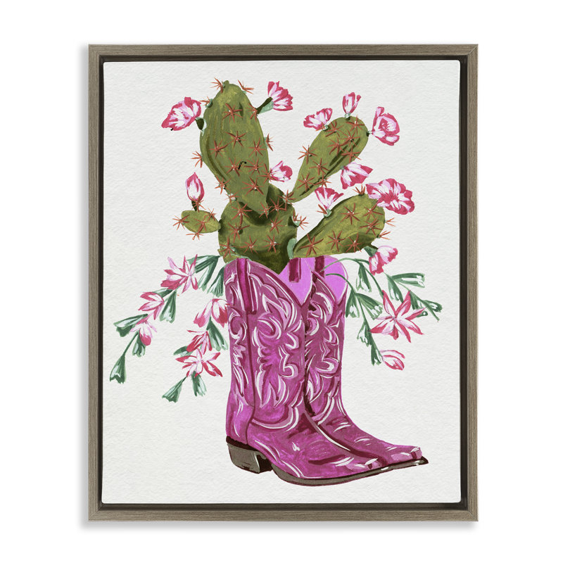  Art mural sur toile flottant rose avec cactus et bottes par Melissa Wang, Cadre flottant orme Montalcino, H 21 po x l 17 po