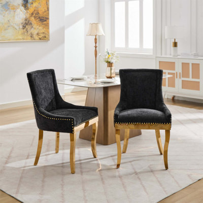 Ensemble de 2 chaises de salle à manger en chenille de style moderne avec pieds courbés plaqués or et garniture de rivets