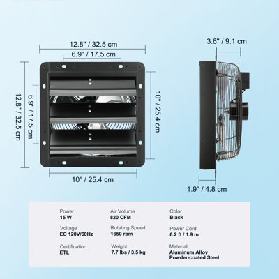Ventilateur d'extraction à volets, 10 pouces avec contrôleur de température et d'humidité, 820 CFM, ventilateur mural de grenier réglable à 10 vitesses, moteur EC, ventilation et refroidissement pour serres, garages, hangars, homologué ETL