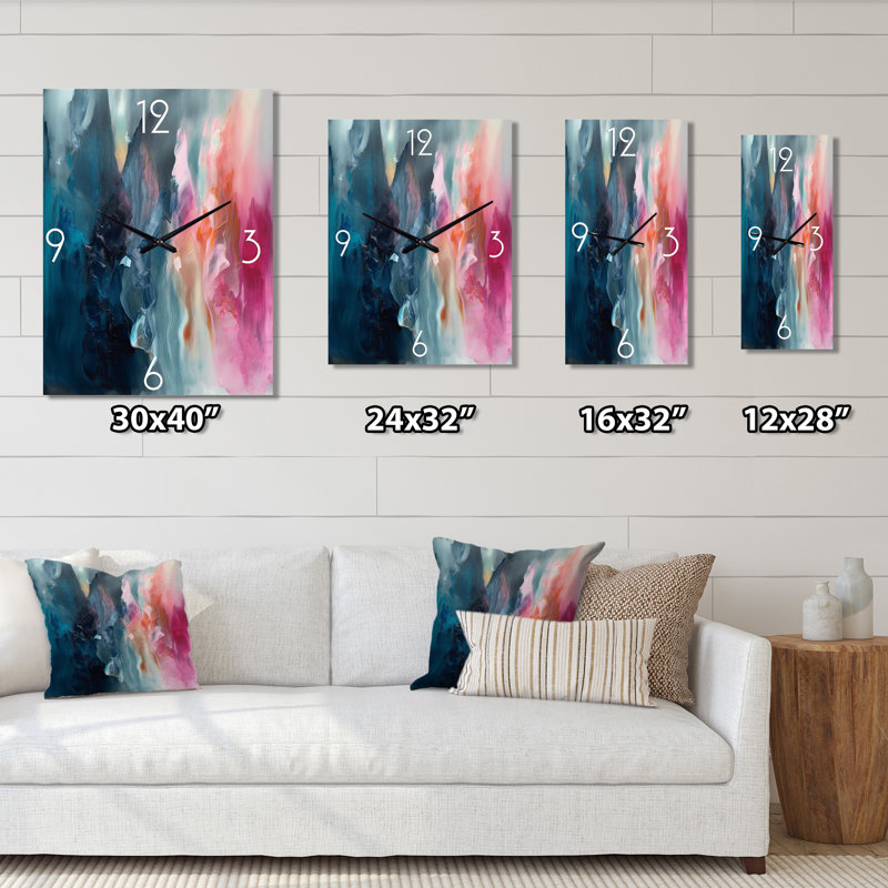 Spatule bleue et rose abstraite - horloge murale abstraite surdimensionnée, H 32 po x l 24 po x P 1 po