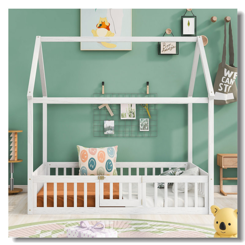 Lit en bois avec clôture et porte, Blanc / Blanc, Double