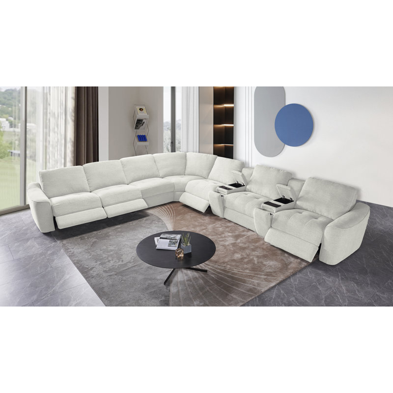 Upholstered Power Motion Modular 9-Piece 4-Recliner L-Sectional, with Wireless Charging & USB ports & Storage
