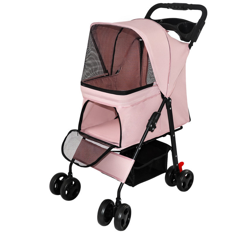 Poussette pliable 4 roues pour petits chiens et chats de moins de 28 lb avec plateau multifonctionnel, Pink