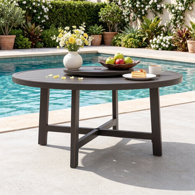 Patio 61.45" Round Dining Table With Lazy Suan And Umbrella Hole, Bronze