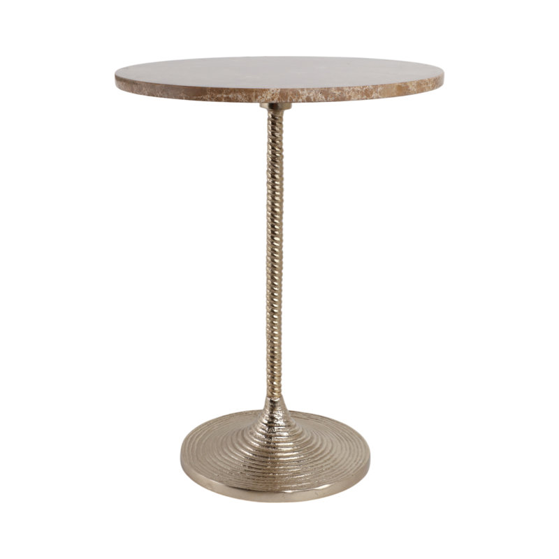 Modern Glam Metal And Marble Accent Table With Sleek Round Top And Textured Pedestal Base, Tan