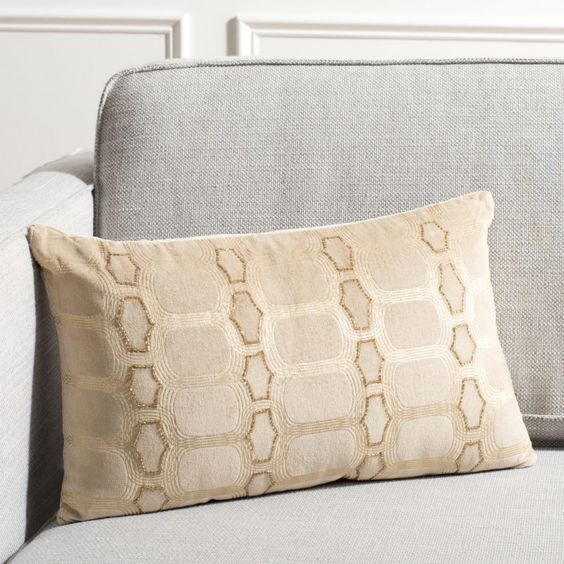 Adalie 12" x 20" Beige and Gold Geometric Cotton Pillow