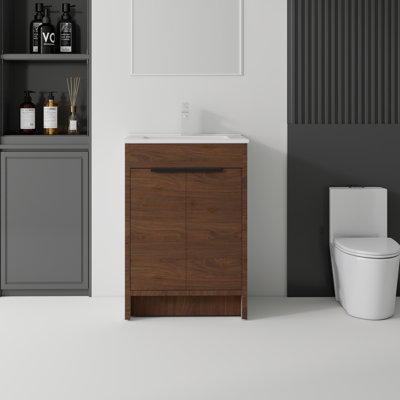 Meuble-lavabo autoportant de 24 po avec lavabo et tiroir à fermeture en douceur pour petites salles de bain