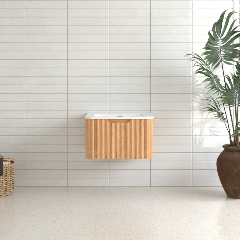 Armoire de salle de bain flottante murale 24 po pré-assemblée à bord arrondi de couleur noyer naturel avec cuve en céramique blanche