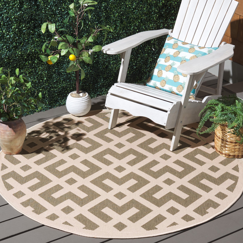Arneshia Geometric Green/Bone Area Indoor/Outdoor Area Rug, Round 5'3"