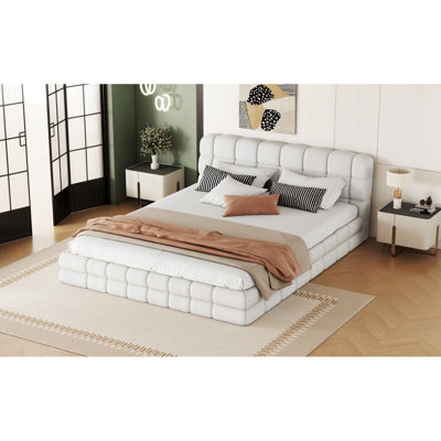 Grand lit tapissier - blanc, bois de pin + fabrication, tête de lit en mousse, pas de sommier tapissier requis, H 32,5 po, grand lit blanc de 87,8 po, construction solide et nécessaire, poids de 112 lb