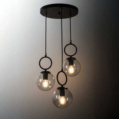 Adjustable Height Modern 3-Light Globe Cluster Pendant With Black Round Canopy And Fume Shades