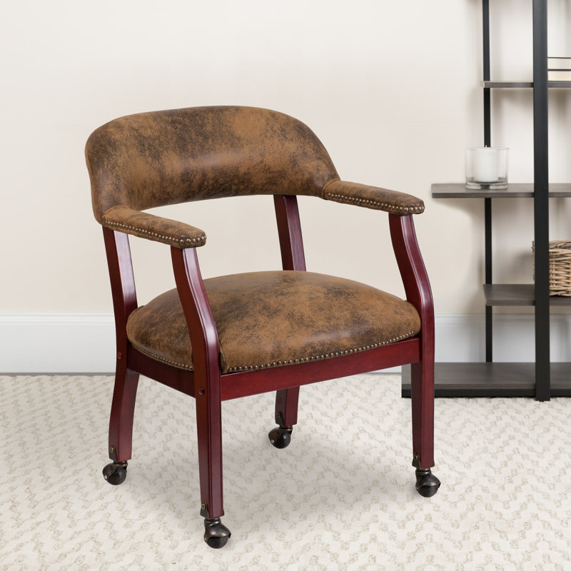 Elegant Bomber Jacket Brown Microfiber Conference Chair with Brass Accents