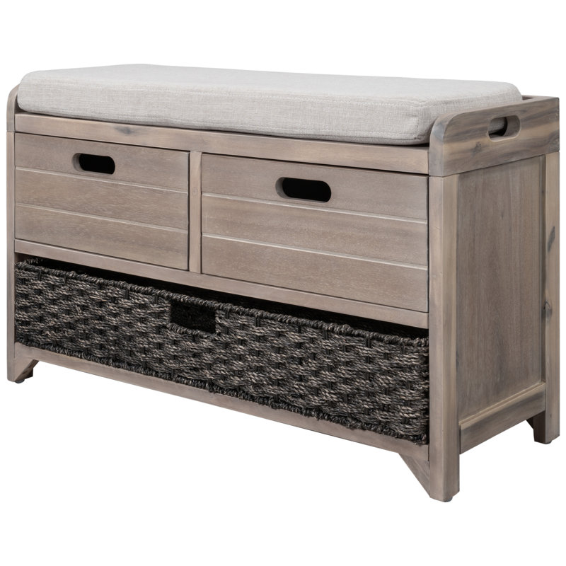 Entryway Bench with Removable Basket and Drawers, White Washed
