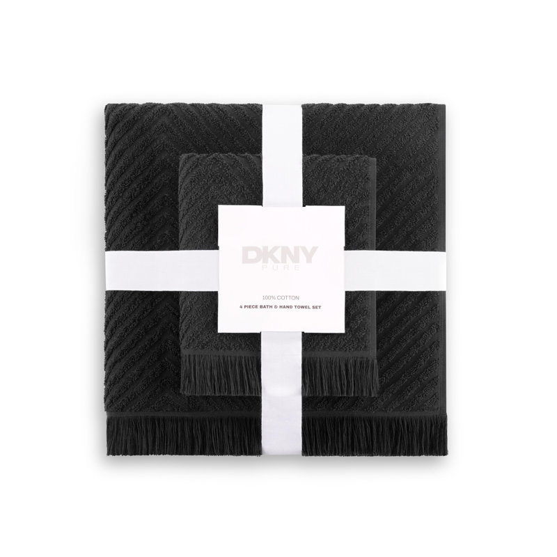 DKNY Pure Herringbone Bamboo Charcoal Bath And Hand Towel 4-Piece Set , Black