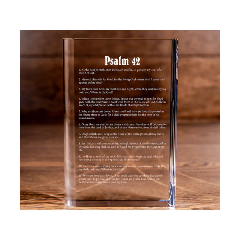 Livre en cristal gravé au laser Jesai Psalm 42, H 8 po x l 6 po x P 2 po